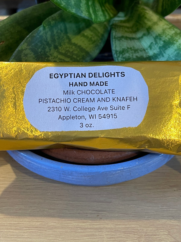 Egyptian Delights Hand Made Pistachio Cream and Knafeh Milk Chocolate Bar 3  oz.