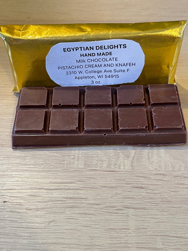 Egyptian Delights Hand Made Pistachio Cream and Knafeh Milk Chocolate Bar 3  oz.